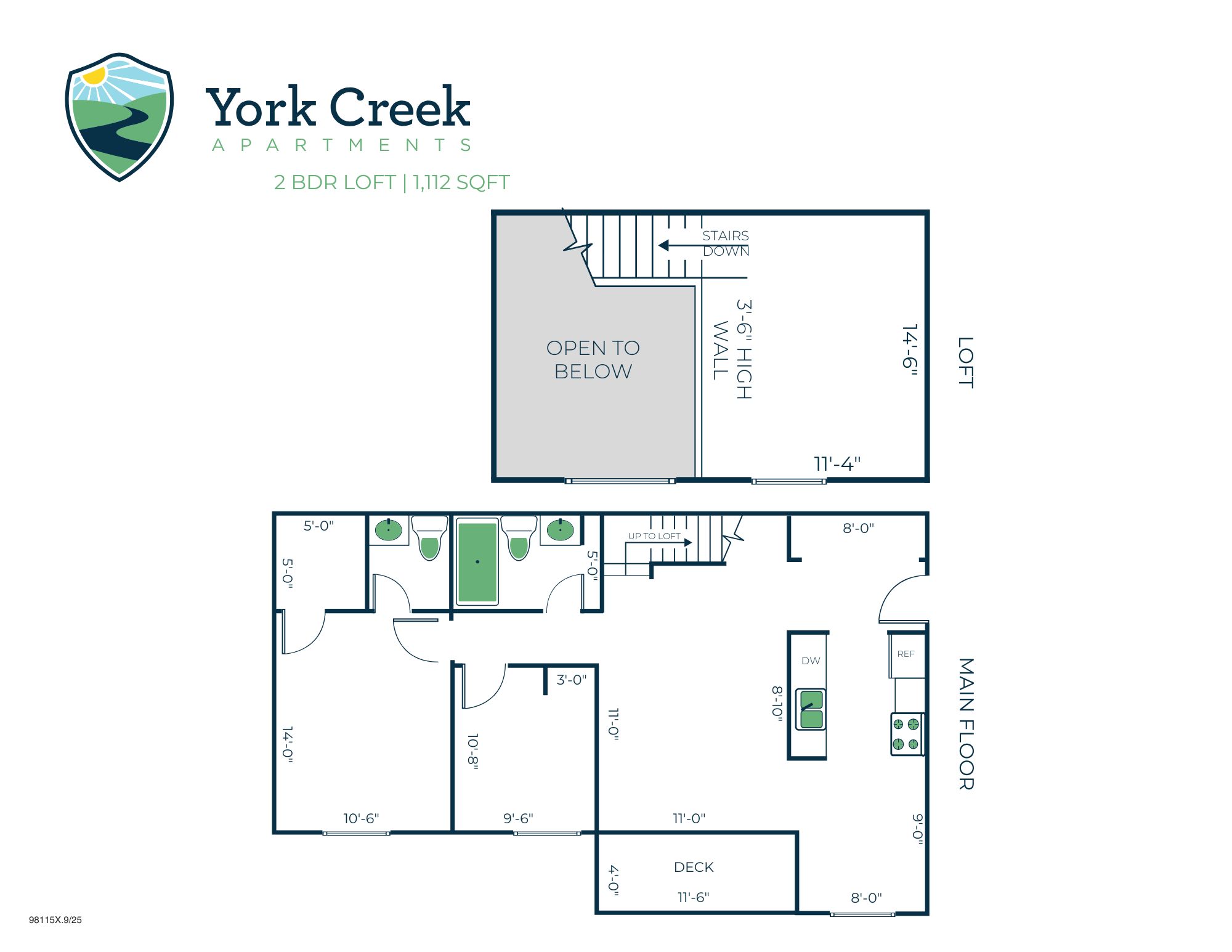 Floor plan for 2 beds, 1.5 baths, 1112 sqft
